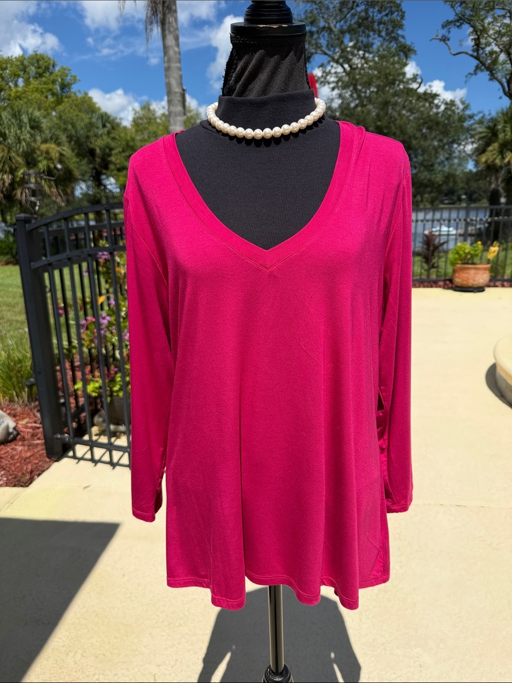 Johnny Was Deep V Long Sleeve Top in Fuchsia